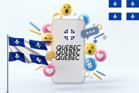 Illustration d'un téléphone avec des icônes de réseau social et le drapeau du Québec